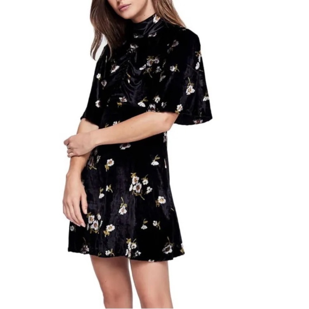 NWT Free People Velvet Black Short Floral Dress with Button Back